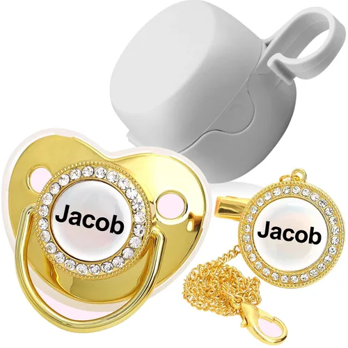 Miniatura 4 de Chupete personalizado con nombre, set de clip para chupete dorado brillante con caja de almacenamiento, chupete personalizado con purpurina