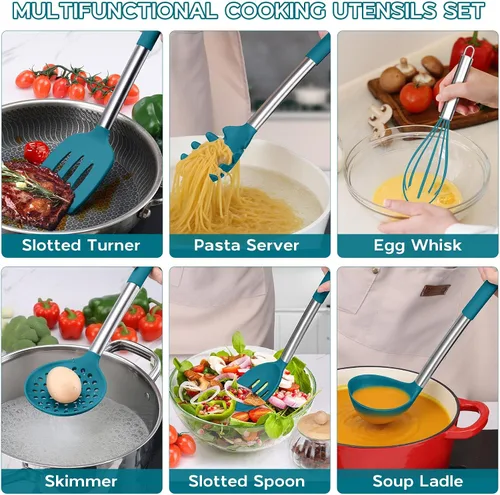 Miniatura 6 de Onader - Juego de utensilios de cocina de 15 piezas con soporte, espátula de silicona resistente al calor con mango de acero inoxidable, color azul