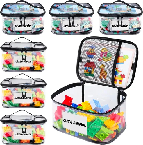 Tesuko Paquete de 6 bolsas transparentes de almacenamiento de juguetes con etiqueta de nombre y bolsillo manual, funda organizadora de juguetes de