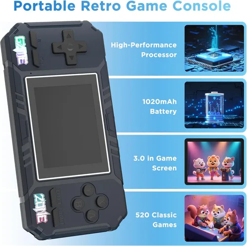 Miniatura 5 de Consola de juegos portátil de mano, 520 videojuegos retro, pantalla LCD de 3.0 pulgadas y batería de 1020mAh, consola de juegos portátil regalo