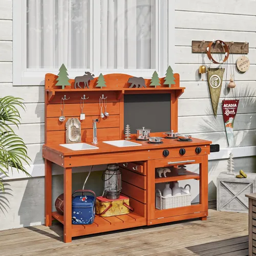 Miniatura 7 de BRINJOY Juego de cocina para niños, juego de cocina de barro de madera al aire libre con 2 fregaderos extraíbles y tubo rociador, cocina de juego