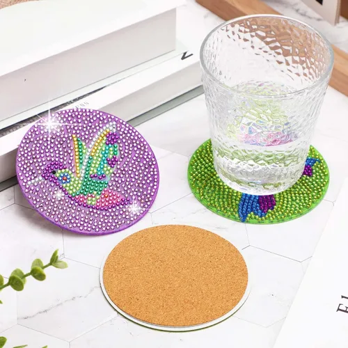 Miniatura 4 de UPINS Kit DIY, Posavasos de Arte de Pintura de Diamantes con Soporte, Juego de 8 Piezas de Posavasos de Colibrí y Mariposa, Suministros de Mariposa