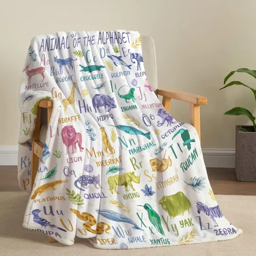 Miniatura 3 de Manta de franela con diseño del alfabeto de animales, súper suave, ligera, para niños, adultos, adecuada para sofá, cama, campamento, viajes, todas