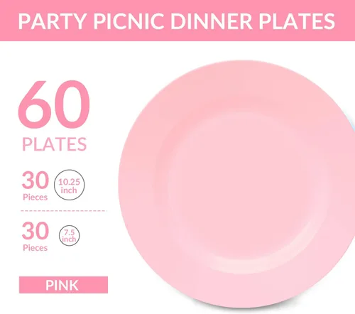 Miniatura 2 de POSATE Platos de plástico desechables, 60 unidades, 30 platos llanos resistentes de 10.25 pulgadas y 30 platos de postre de 7.5 pulgadas para Rosa