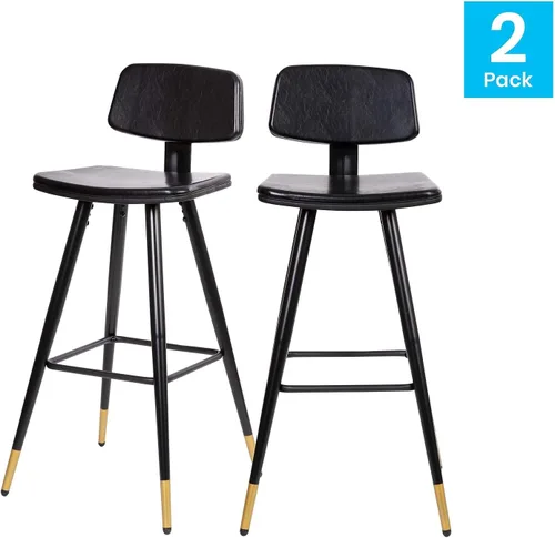 Miniatura 4 de Flash Furniture Kora Taburetes de bar de respaldo bajo de grado comercial, tapicería LeatherSoft negra, marco de hierro negro, reposapiés integrado