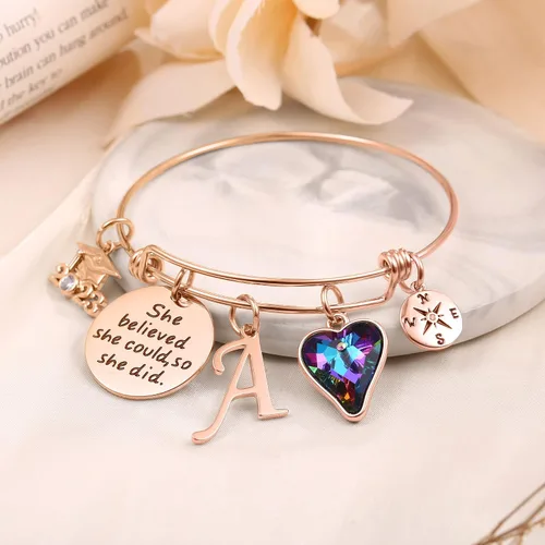 Miniatura 5 de Regalos de graduación para ella, 26 pulseras inspiradoras grabadas con inicial, cita que creyó que podía así que lo hizo, regalos de graduación
