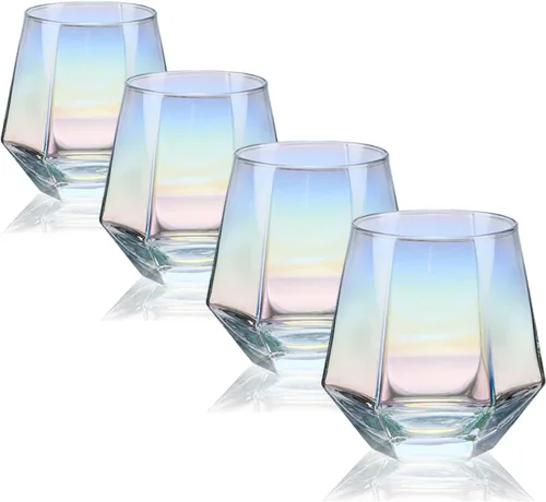 Juego de 4 copas de vino sin tallo (10 onzas), cristalería iridiscente, moderna copa de vino arcoíris para servir vino blanco, vino tinto, cóctel,
