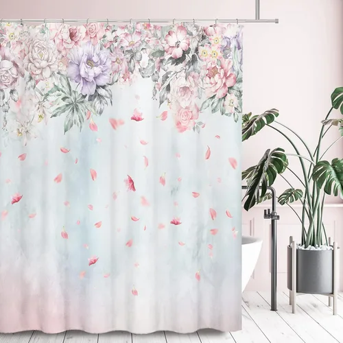 Tititex Juegos de Cortinas de Ducha de Rosas Lilas Rosadas con Flores, Pétalos Florecientes Ruborizados que Caen, Decorativo de Baño 70x70 Pulgadas
