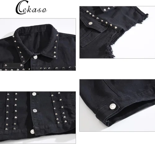 Miniatura 3 de Cekaso Chaleco de mezclilla para hombre, estilo punk, sin mangas, con tachuelas