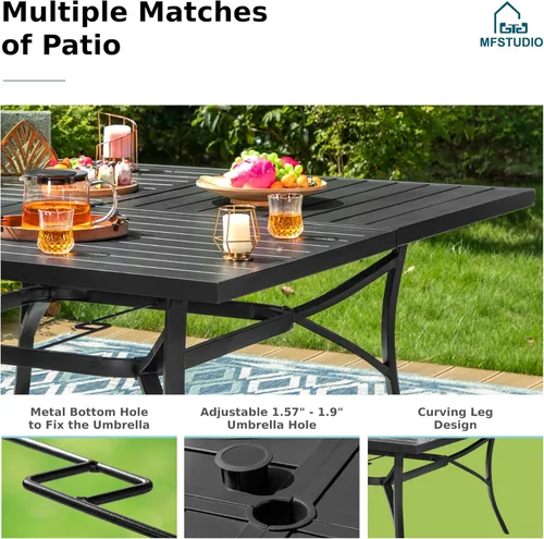 Miniatura 5 de MFSTUDIO Mesa de comedor al aire libre cuadrada de 60" de metal, mesa grande de patio con 8 plazas y agujero ajustable para sombrilla para terraza