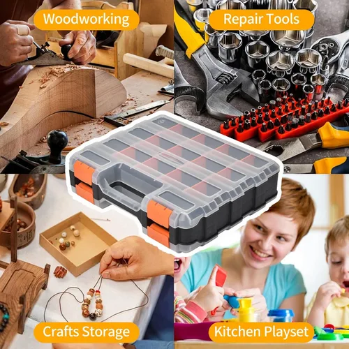 Miniatura 7 de Paquete de 2 organizadores de piezas pequeñas, caja organizadora de hardware de 34 compartimentos, caja de almacenamiento de herramientas de doble
