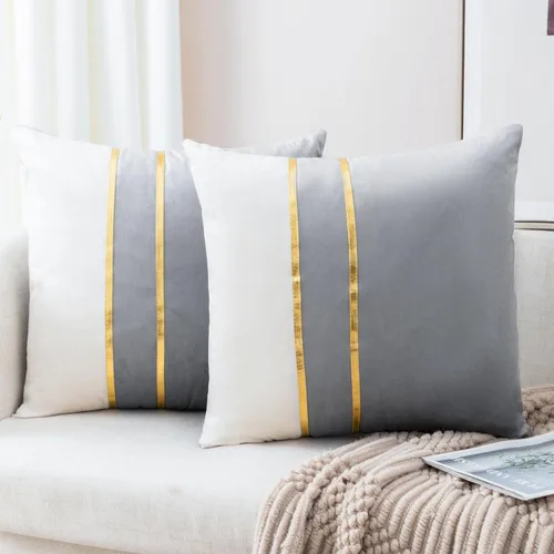 Miniatura 21 de ZLINA Juego de 2 fundas de almohada decorativas de terciopelo verde aguamarina y blanco con parches y cuero dorado de 16 × 16 pulgadas, fundas