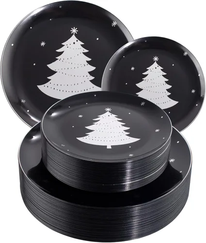 WDF 50 platos de Navidad de plástico, platos negros y plateados con árbol de Navidad, incluyen 25 platos llanos, 25 platos de ensalada, platos de