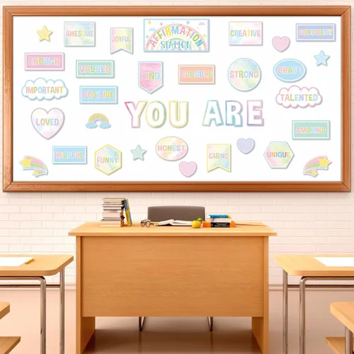 Miniatura 4 de Juego de tablón de anuncios motivacional de estación de afirmación pastel, tablero de anuncios de arcoíris pastel para decoración de pared de aula