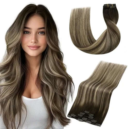 Miniatura 16 de Vivien Extensiones de cabello humano con clip, color negro azabache, extensiones de cabello humano real con pinzas invisibles, doble trama, 14