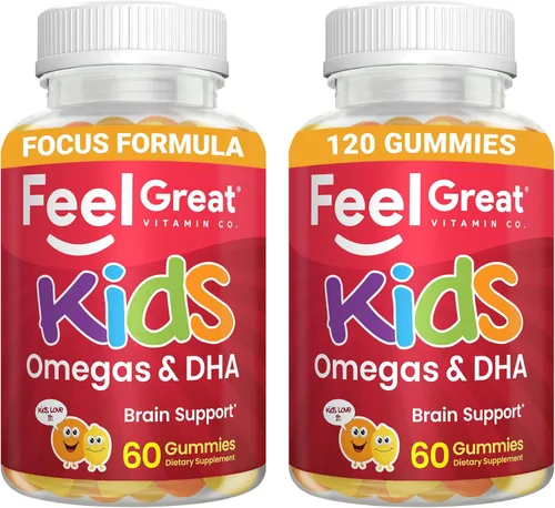 Feel Great Vitamins Kids DHA Gummies con Omega 3 6 9, vitamina C (paquete de 2) | Apoya la función cerebral saludable, la visión y la salud del