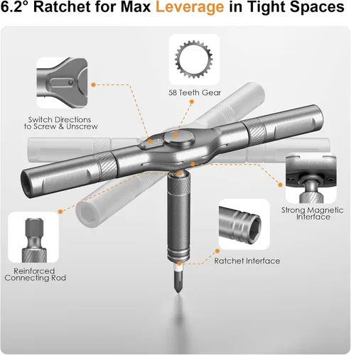 Miniatura 3 de Juego de destornilladores de trinquete magnéticos 42 en 1 con mango en T desmontable y funda, kit de controlador de precisión multibit