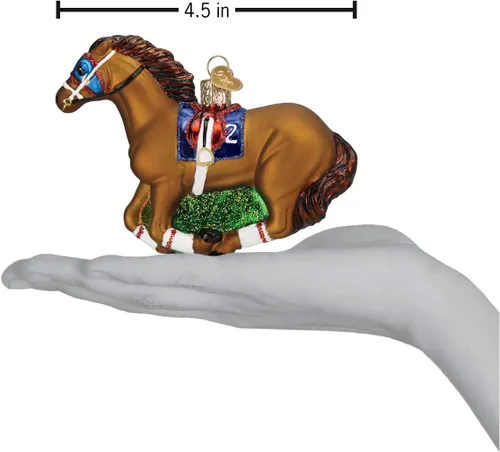 Miniatura 4 de Old World Christmas Adorno de cristal soplado de caballo de carreras para árbol de Navidad, decoración navideña artesanal, colección de caballos