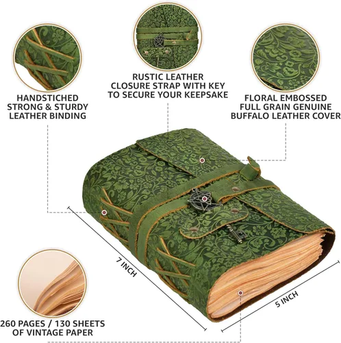 Miniatura 4 de LEATHER VILLAGE Diario encuadernado de cuero hecho a mano para mujeres - Verde "7"X5" (A7) Mediano 260 páginas en blanco de papel vintage