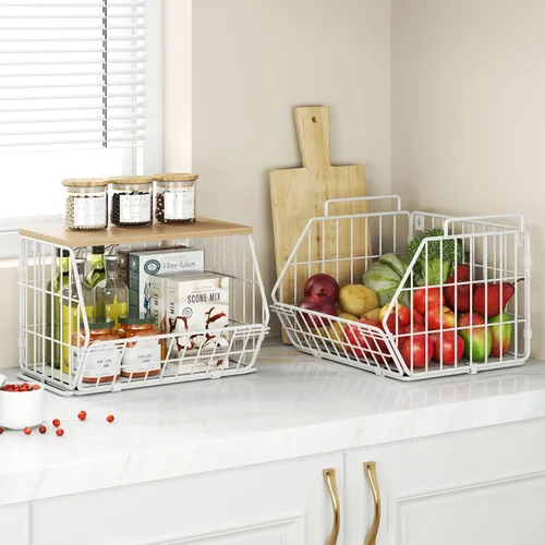 Miniatura 7 de Cesta de frutas apilable de 2 niveles para montar en la pared, cesta de frutas con tapa de madera, organización y almacenamiento de despensa