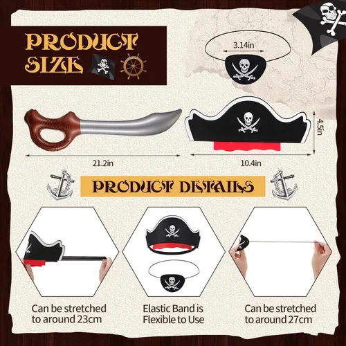 Miniatura 2 de Charniol Juego de fiesta pirata de fieltro, sombreros de pirata, parches para ojos de pirata, espadas inflables, carnaval, suministros de fiesta