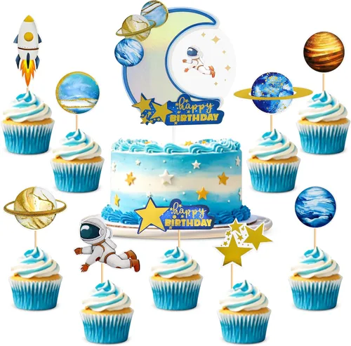 Miniatura 12 de Ercadio 1 pieza de decoración para tartas de niña espacial, luna, estrella, cohete, planeta, decoración de pasteles, espacio de feliz cumpleaños