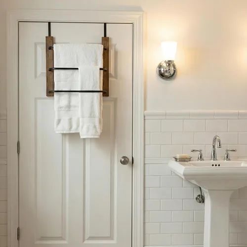 Miniatura 2 de MyGift Toallero para colgar sobre la puerta del baño, organizador rústico de almacenamiento de toallas de madera maciza quemada, barra de toalla