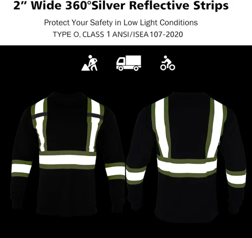 Miniatura 5 de VENDACE Camiseta de trabajo de seguridad de alta visibilidad para hombre, ANSI Clase 2, camisa de manga larga reflectante con bolsillo (negro, 2XL)