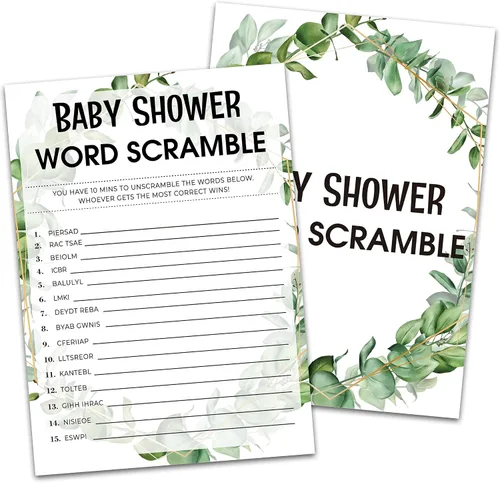 Miniatura 8 de Greenery - Tarjetas de juego de eucalipto para baby shower, suministros de fiesta de revelación de género de la selva tropical, diseño neutro