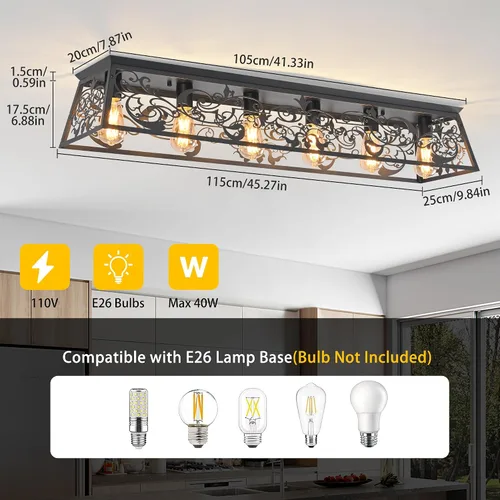 Miniatura 2 de Garwarm Lámpara de techo rectangular de montaje empotrado de 6 luces, lámpara de araña negra enjaulada de metal de 38 pulgadas, lámpara de techo