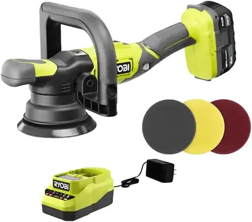 RYOBI ONE+ - Kit de pulidor inalámbrico de doble acción de velocidad variable de 18 V de 5 pulgadas con batería de 4.0 Ah y cargador de 18 V