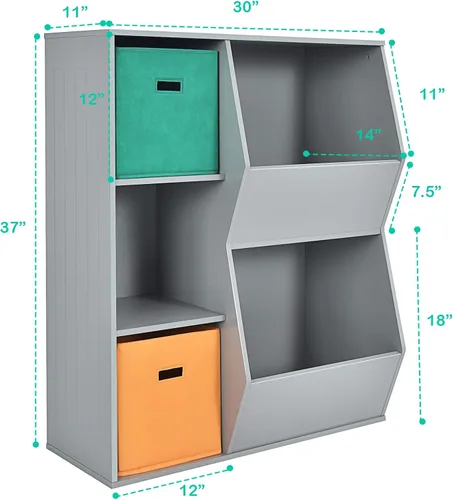 Miniatura 3 de HONEY JOY Organizador de almacenamiento de juguetes para niños con 5 cubículos, estantería y estantería para niños con 2 cajas de almacenamiento