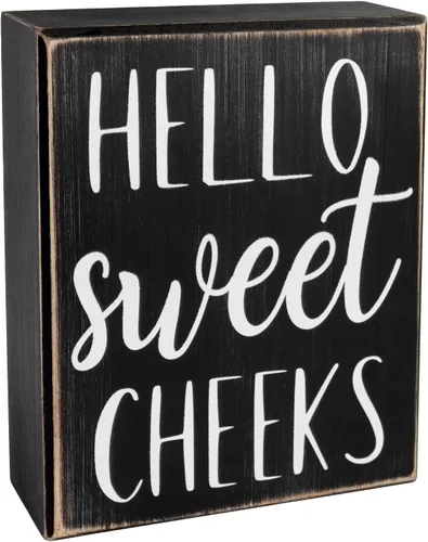 Pigort Letrero Hello Sweet Cheeks - Decoración de Baño Estilo Moderno de Granja Acento para el Hogar - Placa Rústica de Madera Negra para Estante