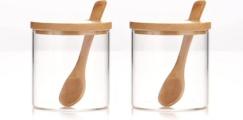 Miniatura 8 de Tarro de vidrio transparente de 10.1 fl oz/10 onzas con tapa de bambú y cuchara de madera, lindo recipiente de almacenamiento de sal de baño