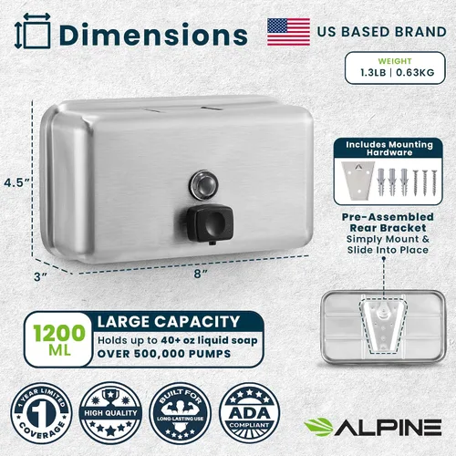 Miniatura 8 de Alpine Dispenser de jabón líquido manual, amurado, de acero inoxidable, 40 onzas de capacidad., Acero inoxidable, 1