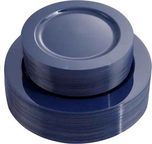 FLOWERCAT 100 platos de plástico azul – Platos desechables azules resistentes para conmemoración/fiesta de cumpleaños/graducación – Incluye 50 Azul