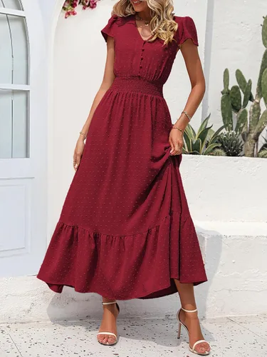 Miniatura 2 de PRETTYGARDEN Vestido de cóctel largo de manga corta con cuello en V para mujer, diseño de lunares suizos con volantes y escalonado