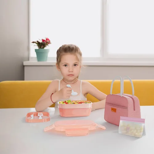Miniatura 7 de JBGOYON® Juego de lonchera Bento, 3 recipientes apilables para adultos y niños, lonchera para mujeres, incluye bolsa de almuerzo, a prueba de fugas