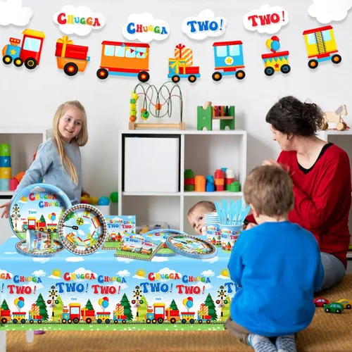 Miniatura 2 de Chuagaa Chugga Two Two 142 Piezas Decoración de Cumpleaños Tren Platos de Papel Juego de Vajilla - Mantel de Transporte Pancarta Tazas para 2do