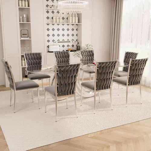 Miniatura 27 de Juego de 2 sillas de comedor de terciopelo, modernas sillas de cocina tejidas con patas de metal dorado, cojín tapizado con respaldo alto