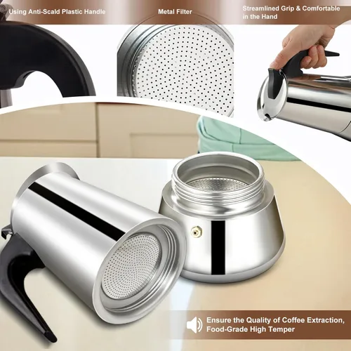 Miniatura 7 de olla de 6 tazas para preparar espresso en la estufa, cafetera moka de acero inoxidable, percolador para estufa, cafetera italiana, capaz de preparar
