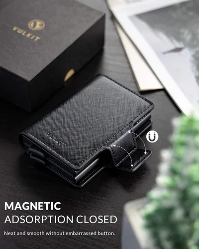 Miniatura 5 de VULKIT Tarjetero de cuero con bloqueo RFID, billetera desplegable automática con bloqueo RFID, cartera magnética para tarjetas doble para hombres
