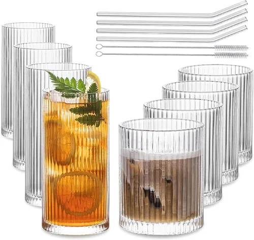 INSETLAN Juego de 8 vasos de cristal vintage – 4 vasos highball de 12 onzas, 4 vasos rocks de 14 onzas, vasos de cóctel de cristalería acanalados,
