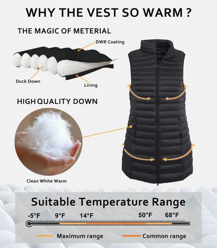 Miniatura 3 de ELFJOY Chaleco de plumón medio largo para mujer, chaleco acolchado ligero, chaqueta cortavientos elegante