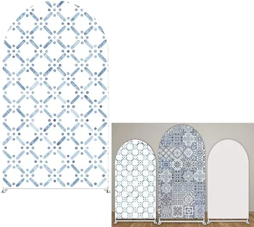 Miniatura 8 de Fundas de fondo de arco de porcelana, decoración de fiesta mediterránea, azulejos azules arqueados para fotografía, cubiertas de soporte