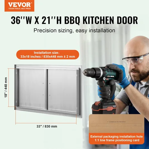 Miniatura 2 de VEVOR Puerta de acceso para barbacoa, 36 pulgadas de ancho x 21 pulgadas de alto, puerta de cocina doble para exteriores, puerta de acero inoxidable