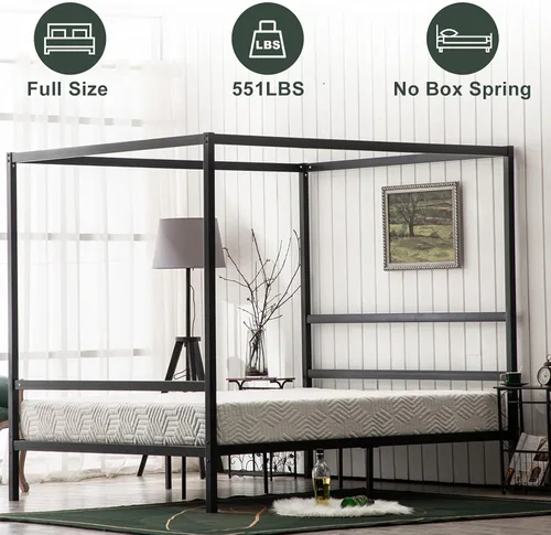 Miniatura 3 de Bonnlo Marco de cama con toldo negro tamaño matrimonial con cabecero, plataforma de metal de 10 pulgadas con 4 carteles, no necesita somier