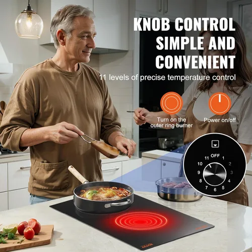 Miniatura 5 de VEVOR Electric Cooktop, 12 inch 2 Burners Built-in Electric Stove Top, 3000W Ceramic Top Radiant Cooktop, with 11 Heat Levels, Glass Panel, Knob