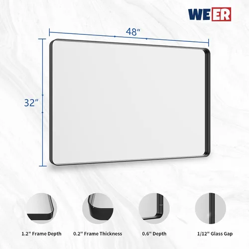 Miniatura 6 de WEER - Espejo de baño negro de 48x32 pulgadas, espejo rectangular con marco de metal negro para pared, espejo de tocador mate de vidrio templado