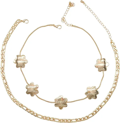Miniatura 7 de Delicado collar chapado en oro en capas, cadena de serpiente, eslabones de perlas, clip de papel, cadena Figaro, flor de metal, colgante de sol